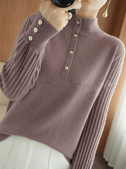 Casual Puff Sleeves Long Sleeves Solid Color Half Turtleneck Sweater Tops