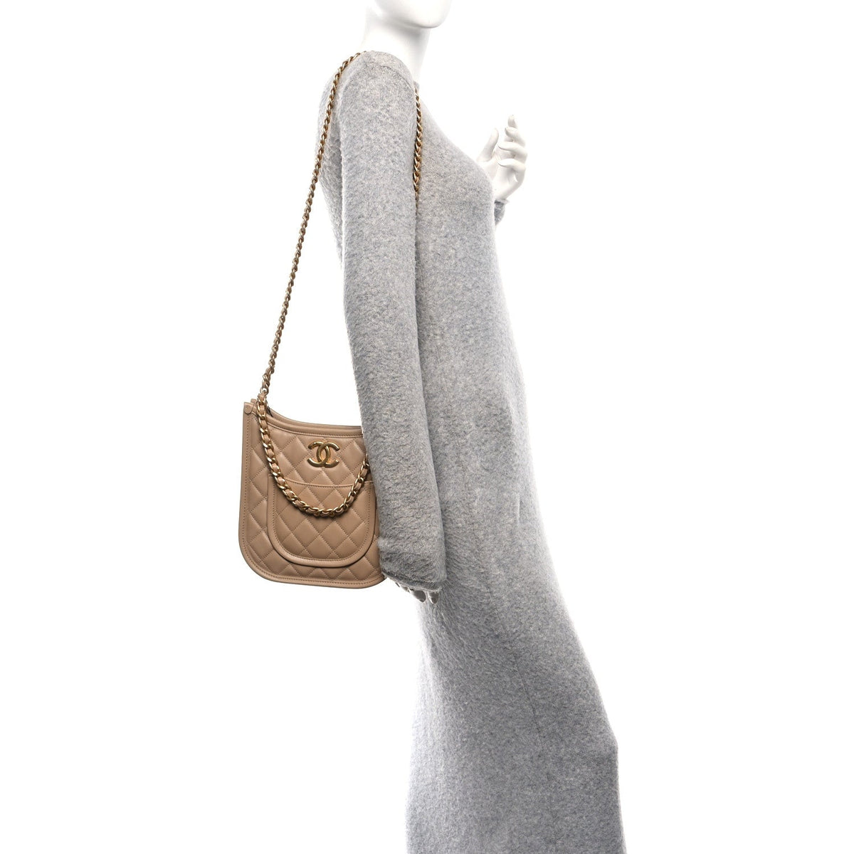 Calfskin Quilted Small Hobo Beige