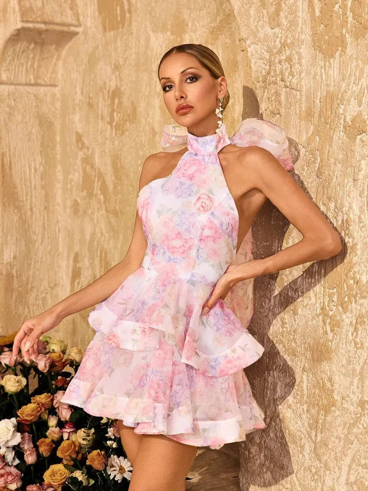 Alecto Backless Flower Printed Bow Mini Dress