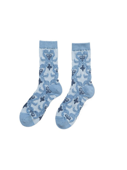 Rufia - Retro Blue Floral Mid-Calf Socks - Classic &amp; Elegant