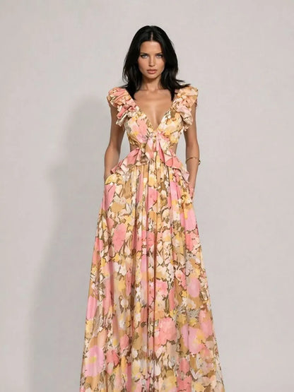 Marina Printed V-Neck Ruffled Cutout Sleeveless Maxi Dress