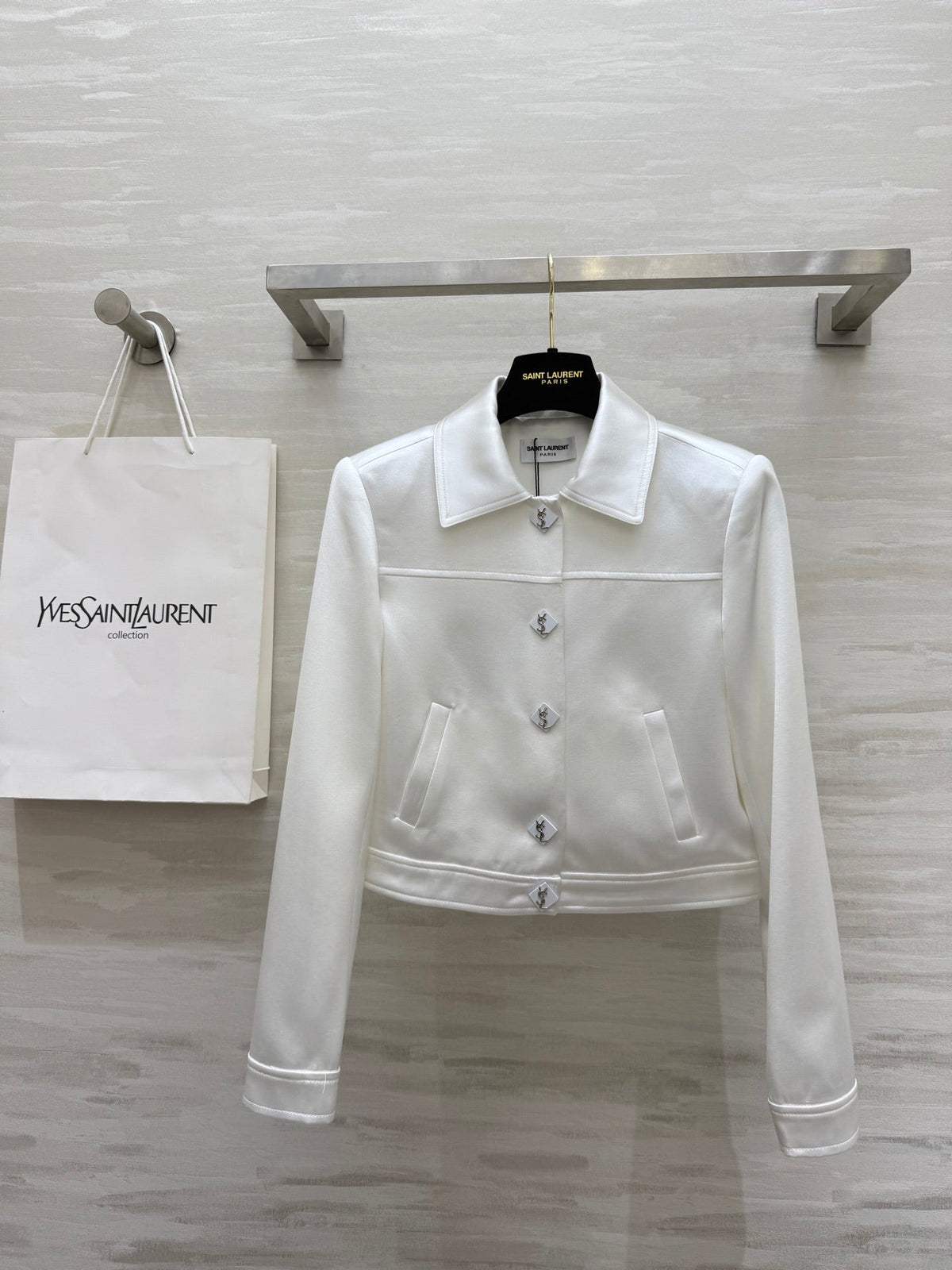 YSL 25 Short Jacket White Acetic Acid Cracked Fabric