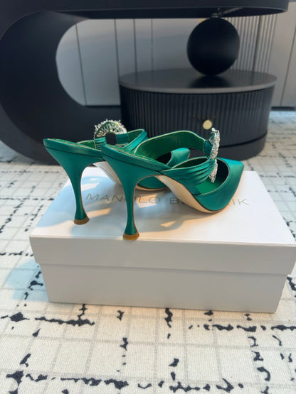 Manolo Satin Maidugura Mules 90mm Green Teal Satin