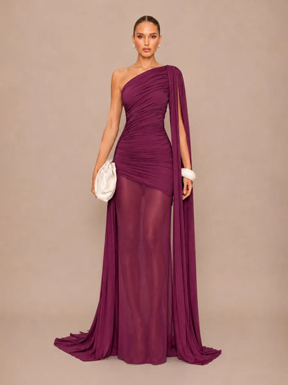 Isla One-Shoulder Cape Maxi Dress with Mesh Paneling