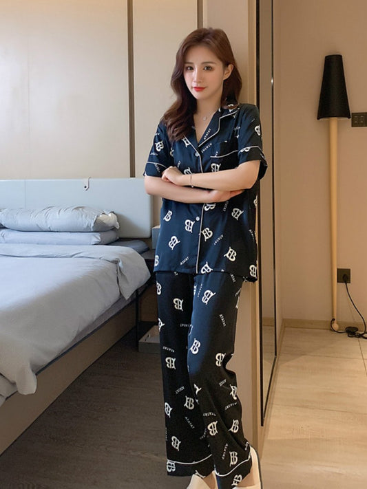 Spring And Summer Printed Short Sleeve Thin Pajamas Women'S Ice Silk Screen Red Temperament Silk Home Service Suit