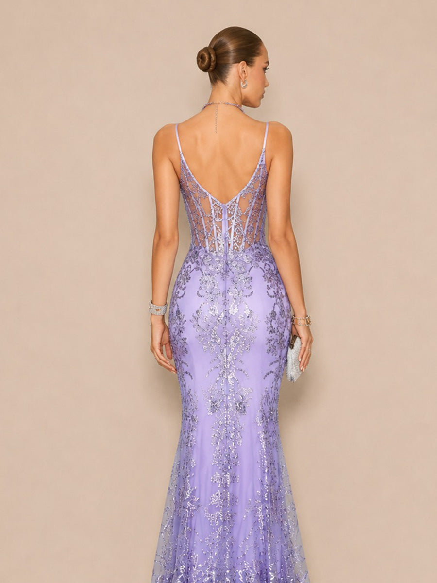 Aida Elegant Contour V Neck Sequin Purple Maxi Dress