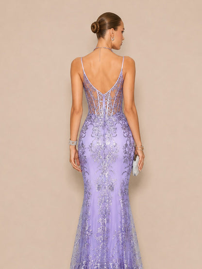 Aida Elegant Contour V Neck Sequin Purple Maxi Dress