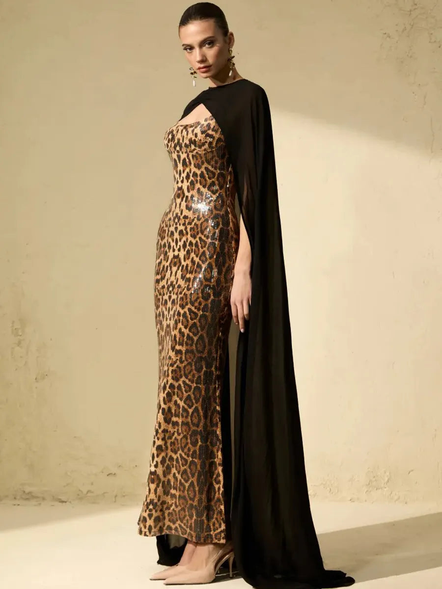 Celestia Leopard Print Sequin Maxi Dress & Cape Set