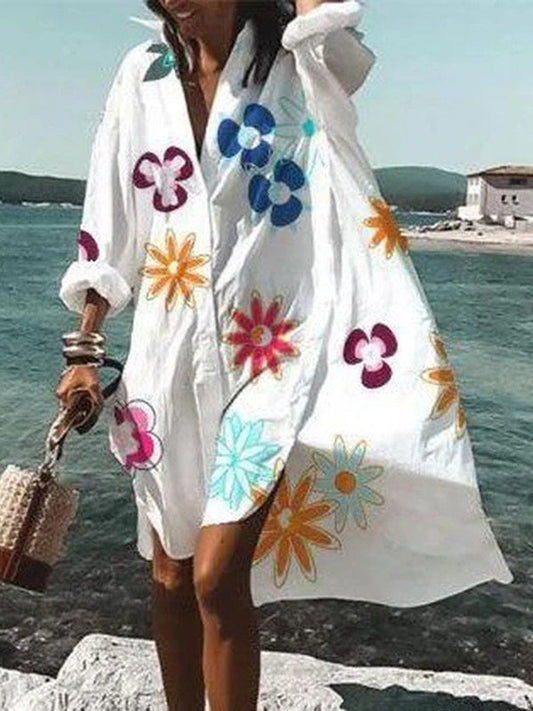 Irregular Clipping Long Sleeves Multi-Colored Wash Painting Lapel Collar Blouses