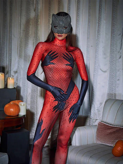 Esau Hands Printed Rhinestone Gloves Jumpsuit In Red