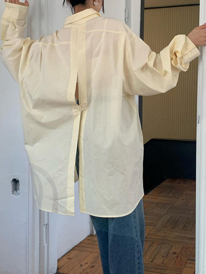 Long Sleeves Loose Buttoned Hollow Pleated Solid Color Split-Joint Lapel Blouses&Shirts Tops