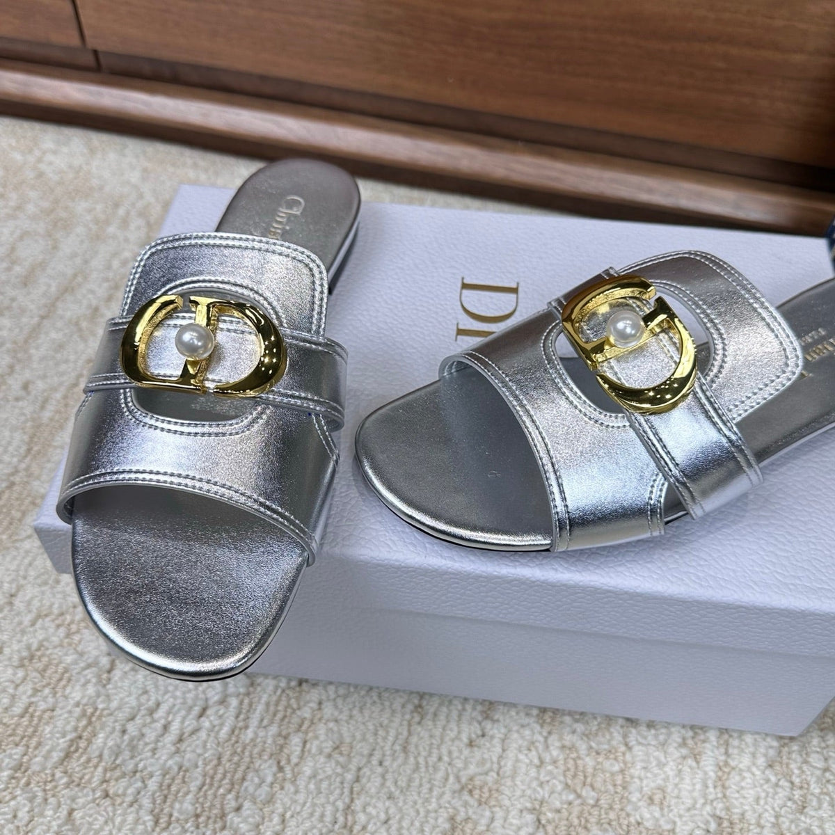 CD Montaigne Sandals Metallic Silver in Calfskin 598166