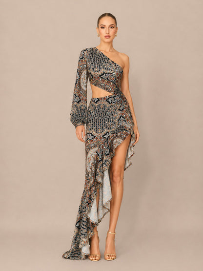 Cassidy Floral Asymmetric One-Shoulder Ruffled Maxi Dress