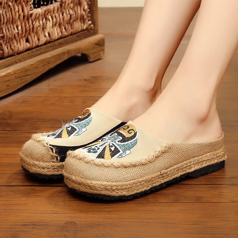 Beijing Opera Facial Makeup Embroidered Head Shoes Handmade Cloth Shoes Embroidered Linen Grass Literary Shoes