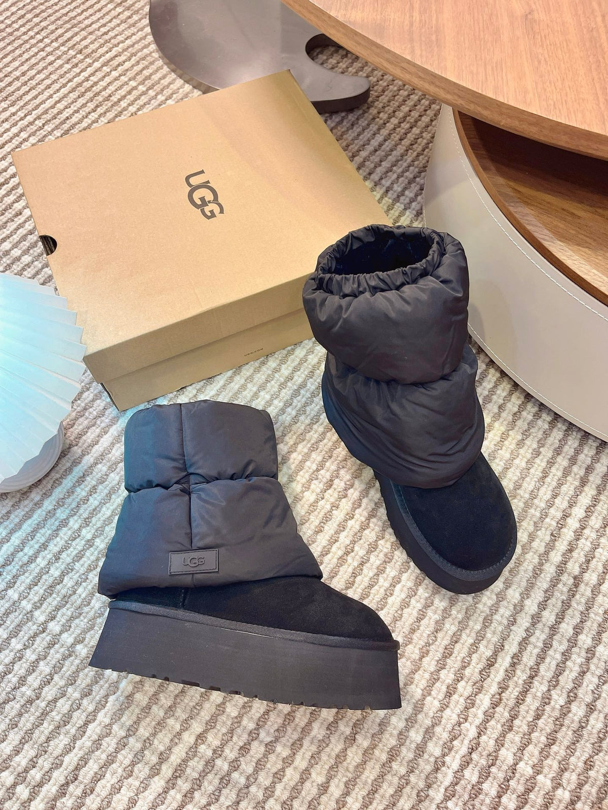 UGG Classic Mini Dipper Puffer Boots Black Suede Technical Fabric