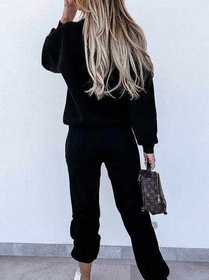 Solid Crew Neck Drawstring Sweatshirt & Pants Sport Suits