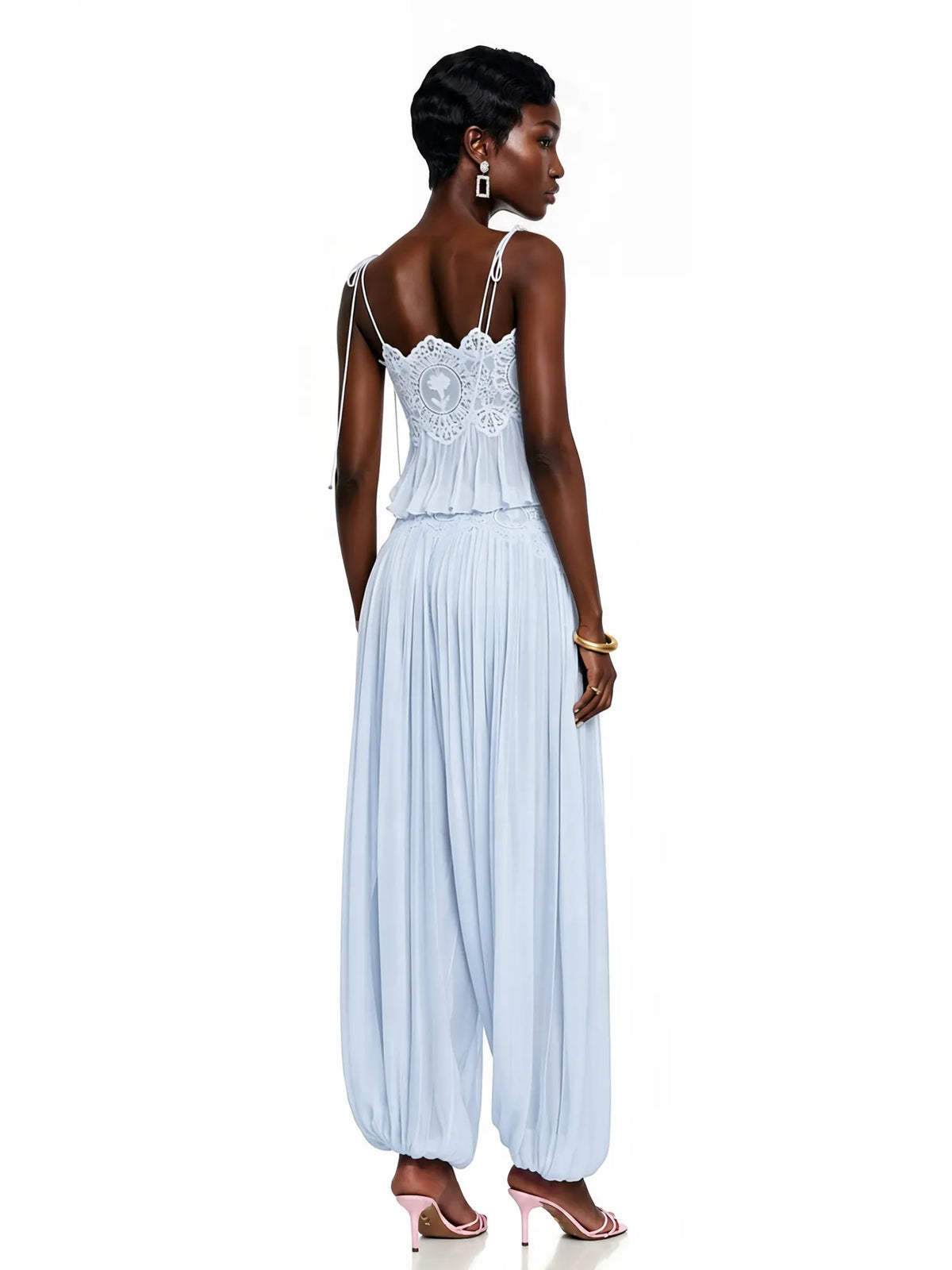 Cerys Lace Trim Ruched Top & Trouser Set In Blue