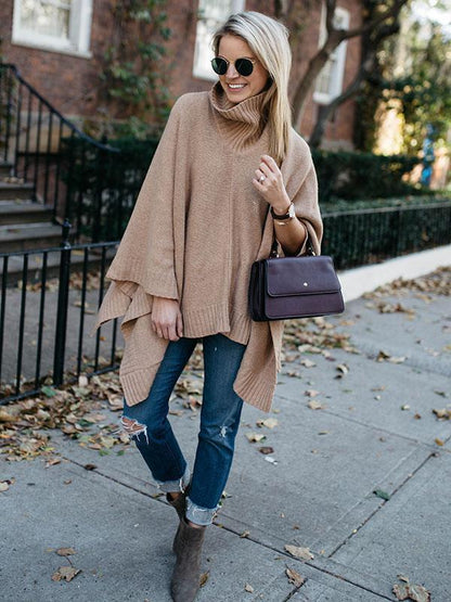 High-Neck Solid Color Knitting Sweater Cover-Ups Tops
