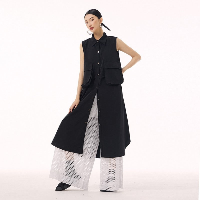Polo Collar Vest Dress With Large Pocket