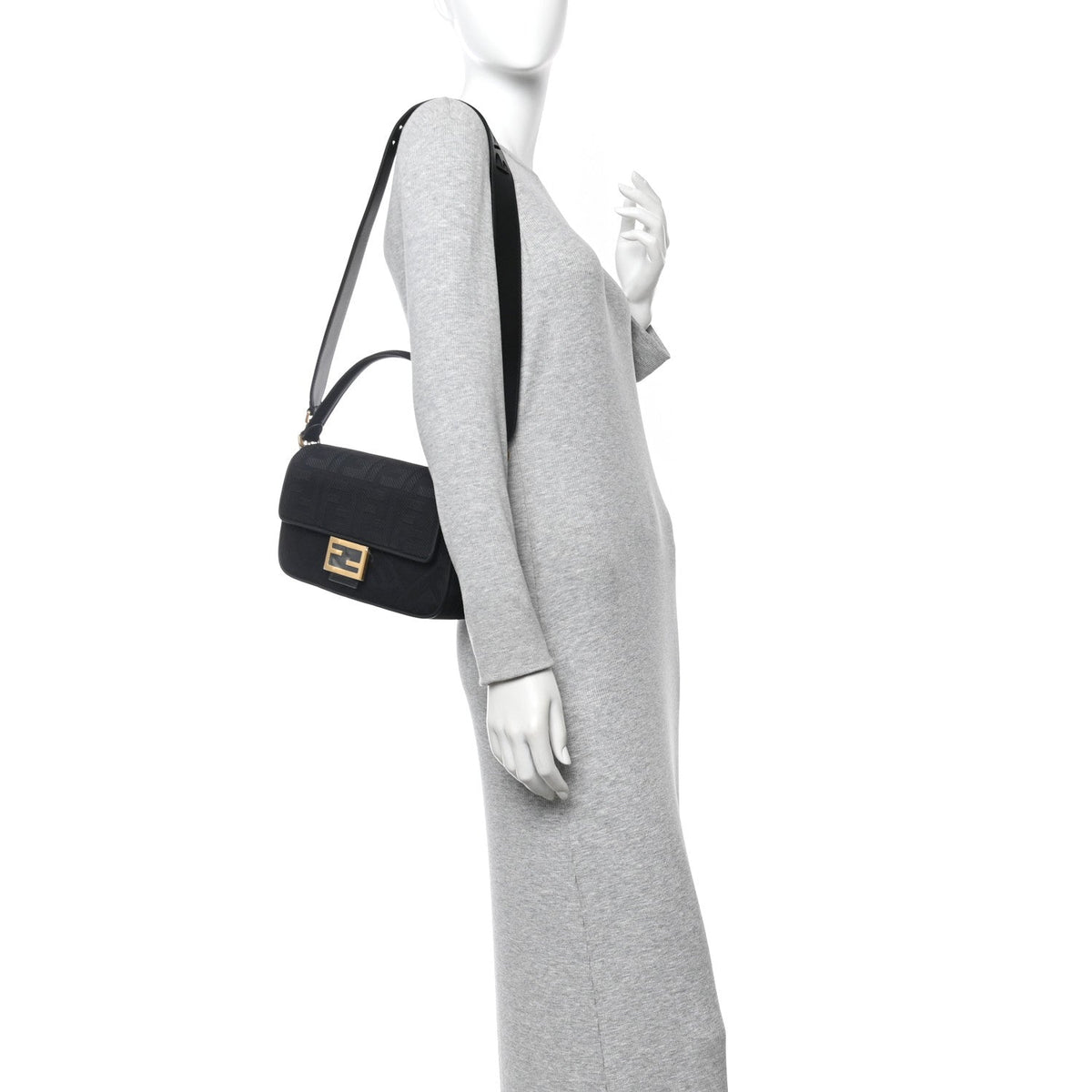 Canvas Vitello King Extra Strap FF Embroidered Baguette Black