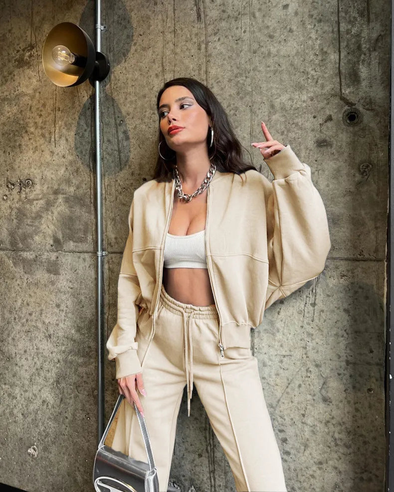 Zip Up Cardigan And Wide Leg Cotton Trousers Set