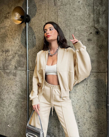 Zip Up Cardigan And Wide Leg Cotton Trousers Set