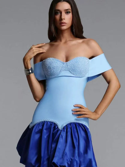 Anais Rhinestone-Embellished Patchwork Waist-Cinching Mini Dress