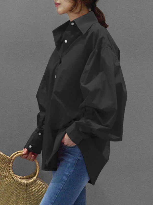 Long Sleeves Loose Buttoned Pleated Solid Color Lapel Blouses&Shirts Tops