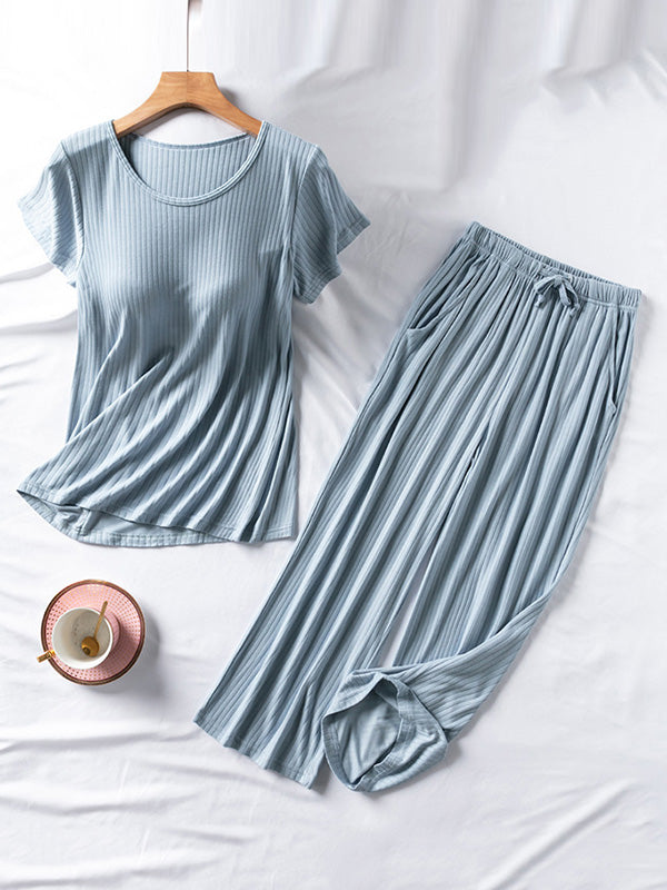 Solid Color Short Sleeve T-Shirts&Cropped Pants Pajamas Sets