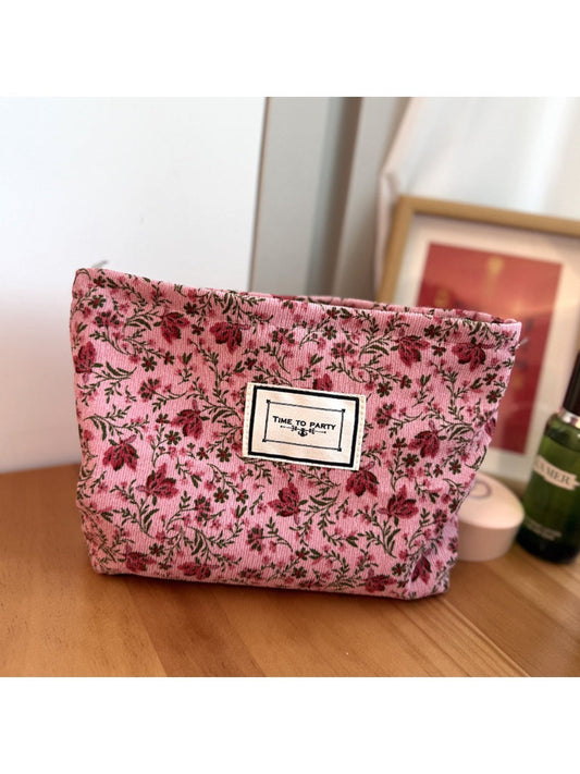 Cosbai - Corduroy Travel Makeup Bag with Floral Prints