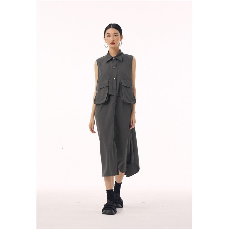 Polo Collar Vest Dress With Large Pocket