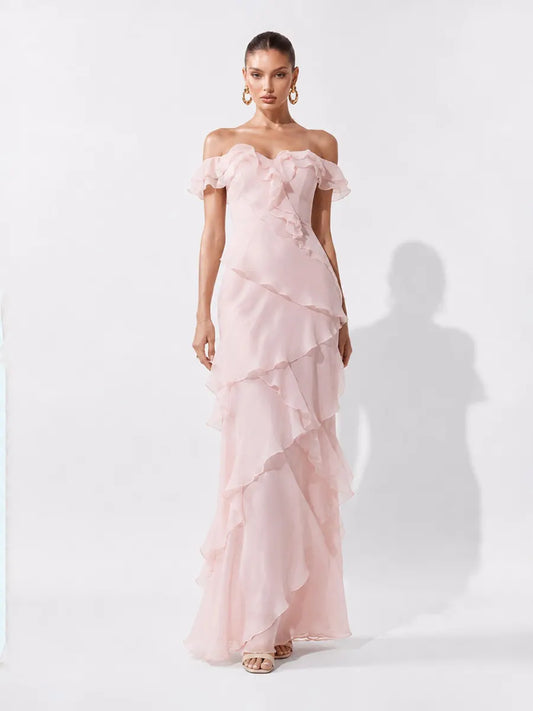 Valentina Off-Shoulder Ruffled Tulle Maxi Dress