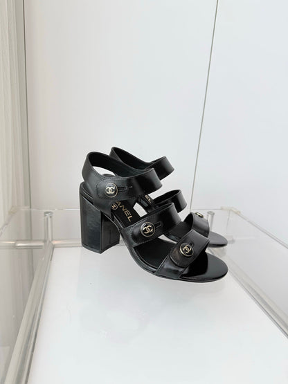 Chanel 26 Turnlock 80 Black Sandal Heels in Lambskin 597407
