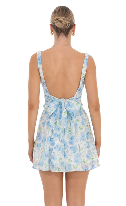 Floral Open Back Flare Dress in White and Blue
