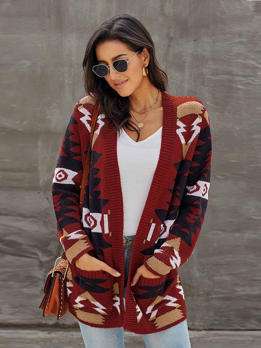 Medium And Long Cardigan Sweater Women Winter New Geometric Pattern Baggy Sweater