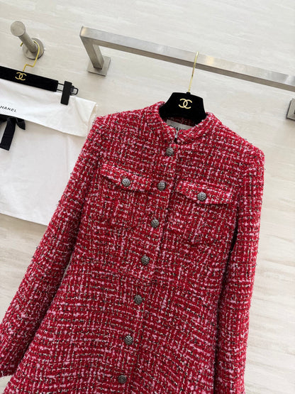CC Woven Tweed Long-Sleeved Dress Red Pink Tweed 343197