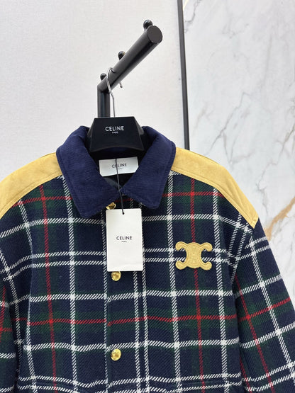 Celine Blouson Triomphe Bomber Jacket Blue Wool and Suede