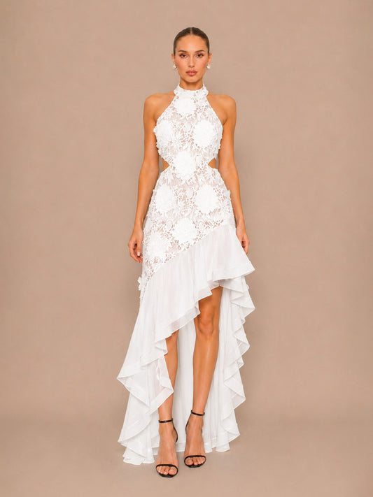 Inara Embroidered Appliqué Ruffled Maxi Dress