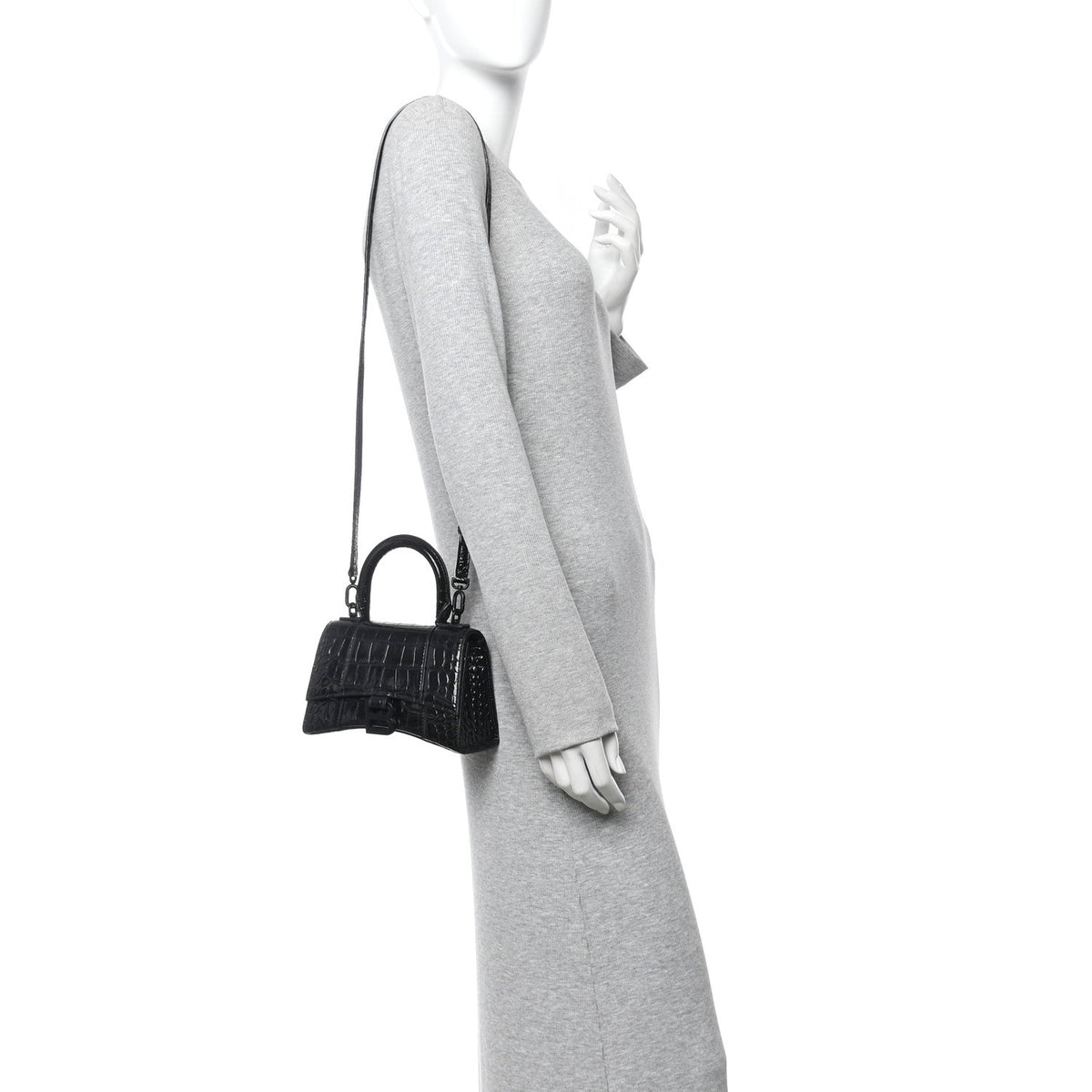 Shiny Calfskin Monochrome Crocodile Embossed Hourglass Top Handle Bag XS Black