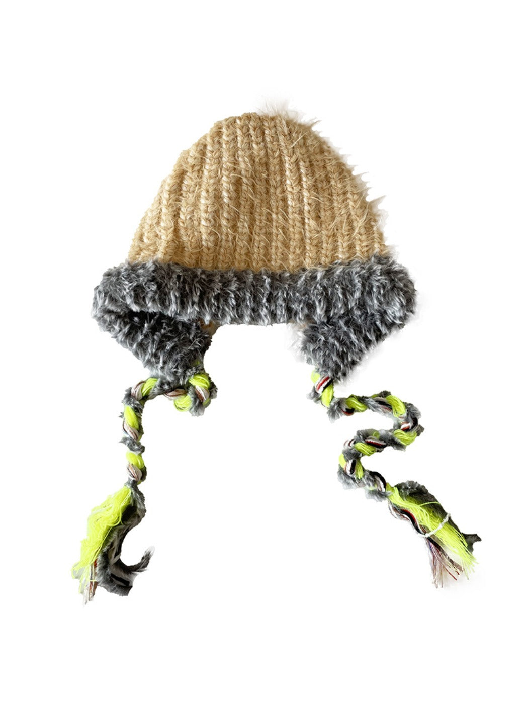 Haila - Winter Color Block Knitted Beanie with Tassel Braids