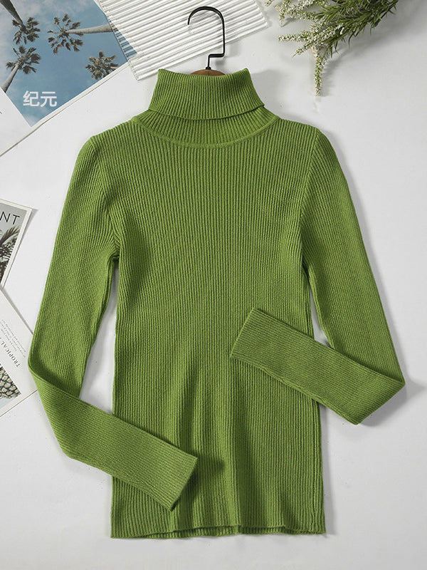 Casual Long Sleeves Skinny Solid Color High-Neck Sweater Tops