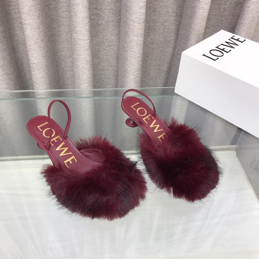 Loewe 25SS Fur-lined Mule 60 Burgundy in Fox Fur 597437
