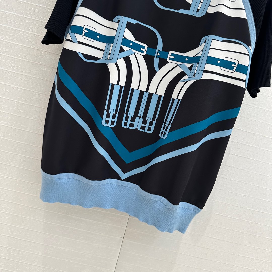 Hm 25 Print Patchwork Knit Top Black Blue Tencel Wool