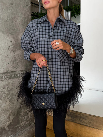 Kaelin Plaid Feather Trim Mini Shirt Dress In Black