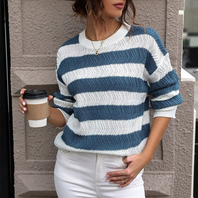 Casual Round Neck Long Sleeve Striped Contrast Sweater