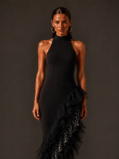 Valentina Asymmetrical Ruffled Hem Sequin Maxi Dress