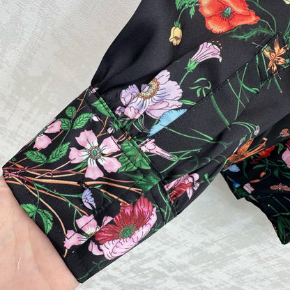 GG SS26 Flora Printed Collared Shirt Black Multicolor Silk 351779