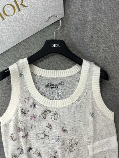 CD Butterfly Embroidered Vest White Alpaca Wool Cashmere 345333