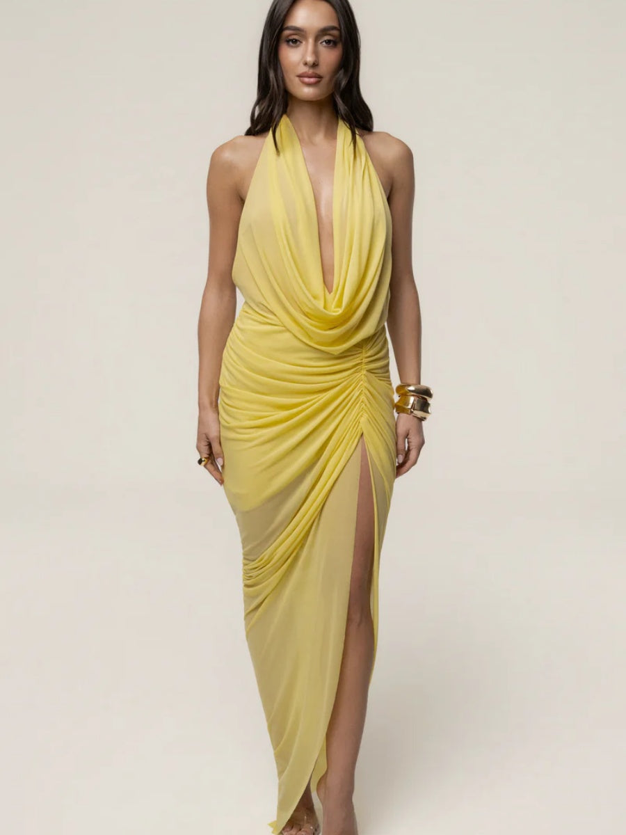 Chloe Halter Cowl-Neck Ruched Chiffon Maxi Dress in Yellow