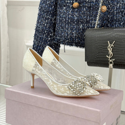 JC25WF Rhinestone Bow Pionted Toe High Heels 65 White Sheepskin 573537